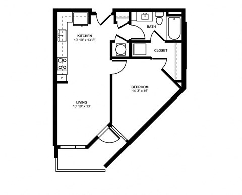 Floor plan for 1 bed, 1 bath, 651 sqft